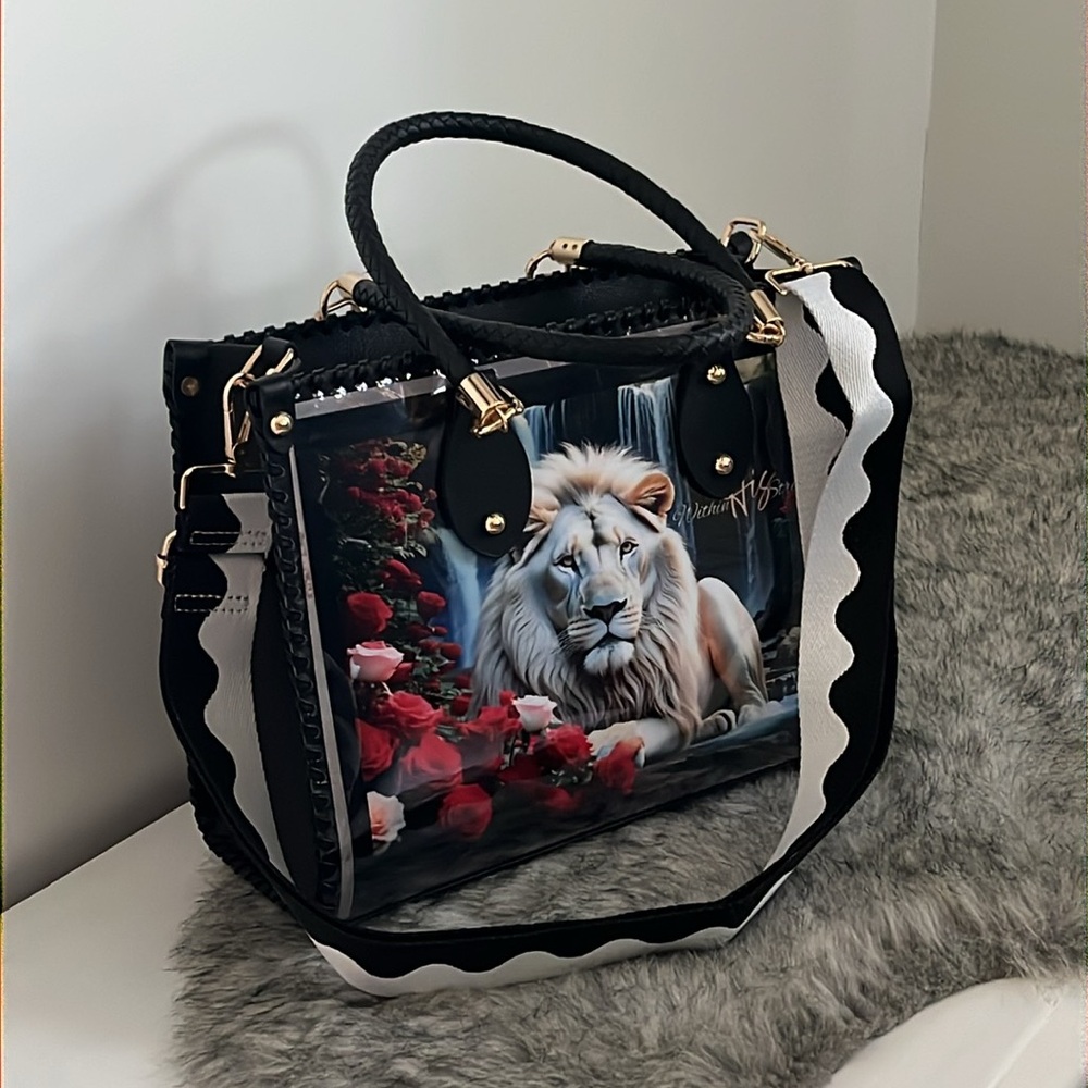 *SOLD* CHiP Bags modern style black white blue leopard lion roses tote purse - Picture 1 of 15